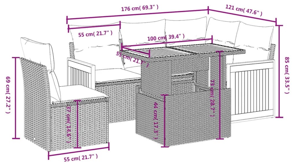 6 pcs conjunto sofás de jardim c/ almofadões vime PE preto