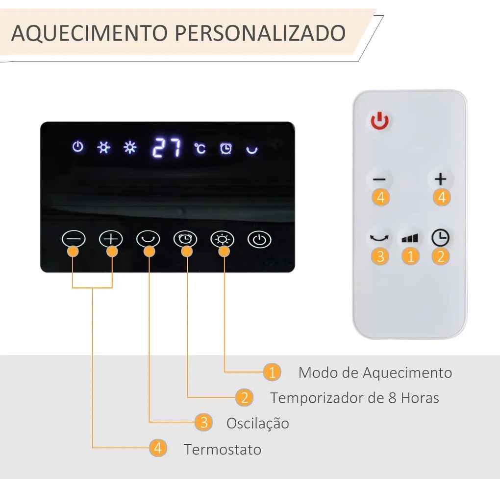 Aquecedor Cerâmico 1000W/2000W com Controle Remoto Tela LED 3 Modos de Vento Temporizador de 8H Termostato e Oscilação 42° para 25m² 17,6x13,7x50cm Br