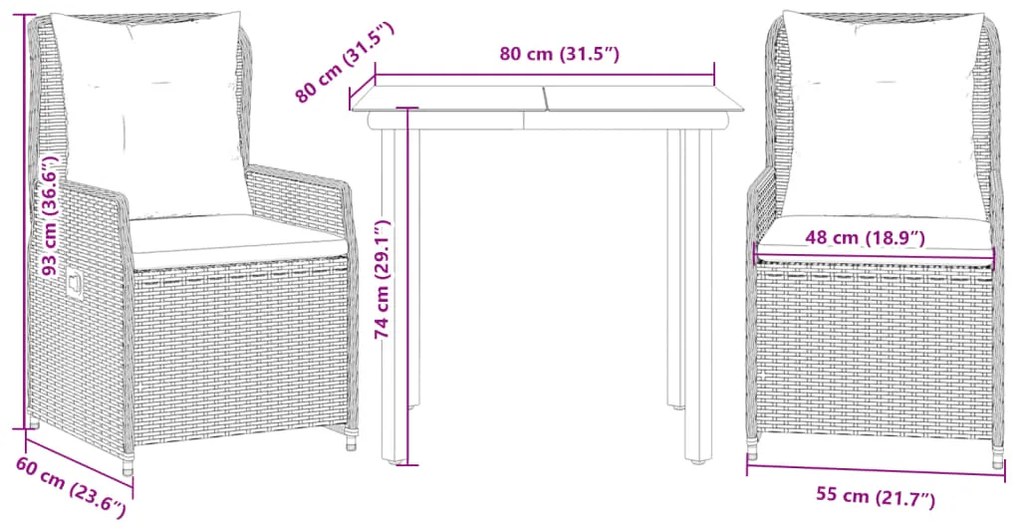 3 pcs conjunto de jantar p/ jardim com almofadões vime PE bege