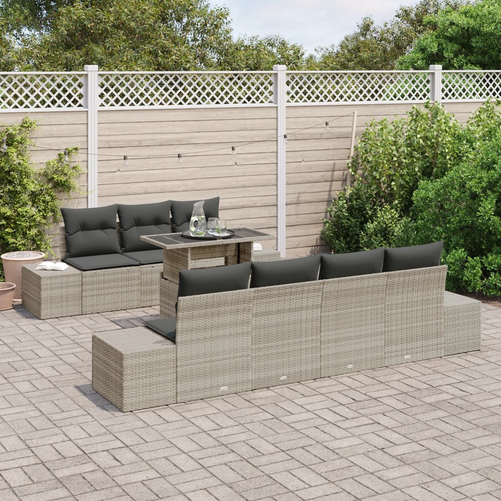 Conjunto de Sofá de Jardim 8 Peças com Almofadas Cinza Claro Rattan Po