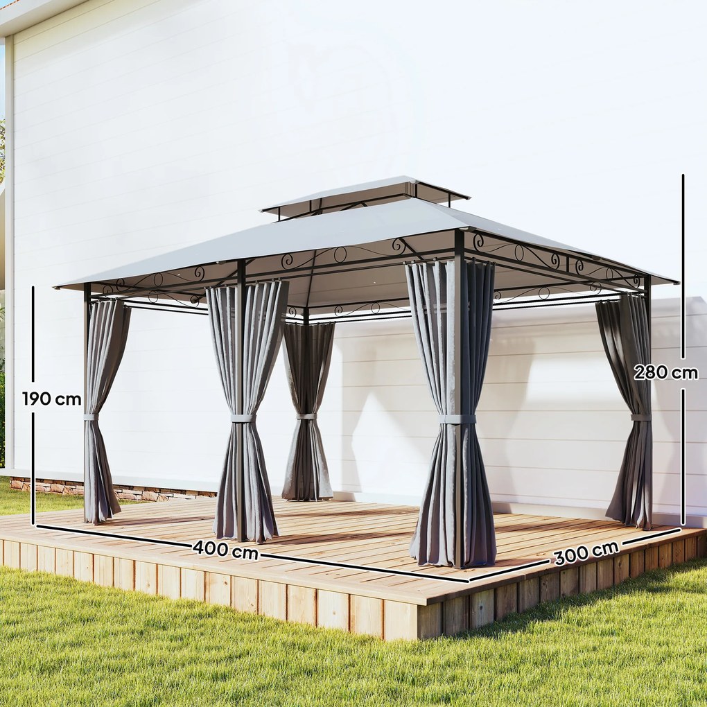 Pérgola para Jardim 3x4 m Pérgola de Exterior com Telhado Duplo 6 Paredes Laterais Estrutura Metálica  Cinzento Escuro