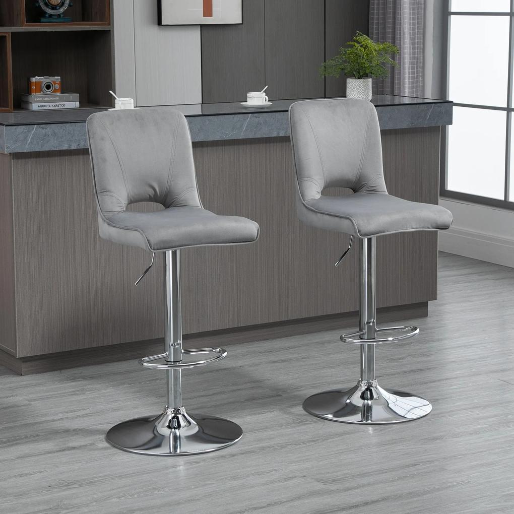 Conjunto de 2 Bancos de Bar Cadeiras Altas com Altura Ajustável e Giratórios com Estrutura de Metal e Apoio para os Pés 41x51x97-117cm Cinza