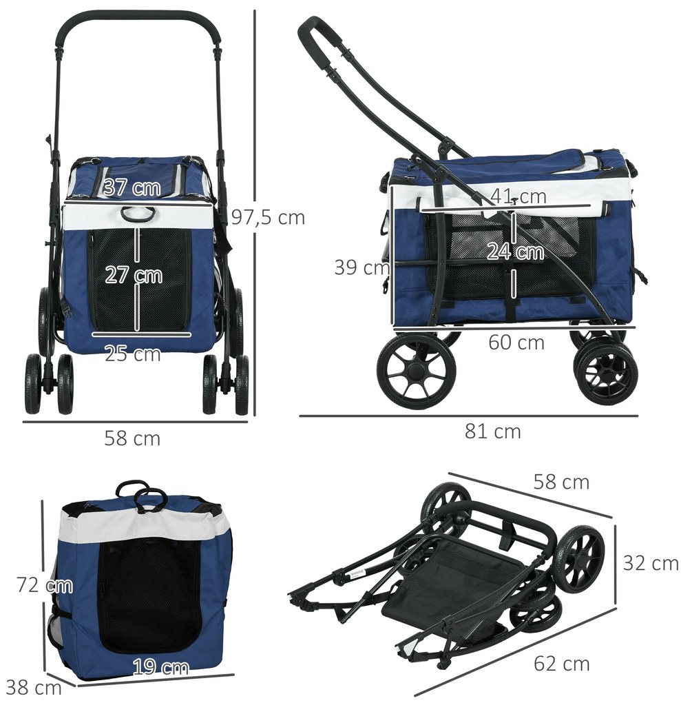 Carrinho para Animais de Estimação Carrinho para Cães Dobrável com Compartimento Desmontável 4 Portas 81x58x97,5 cm Azul