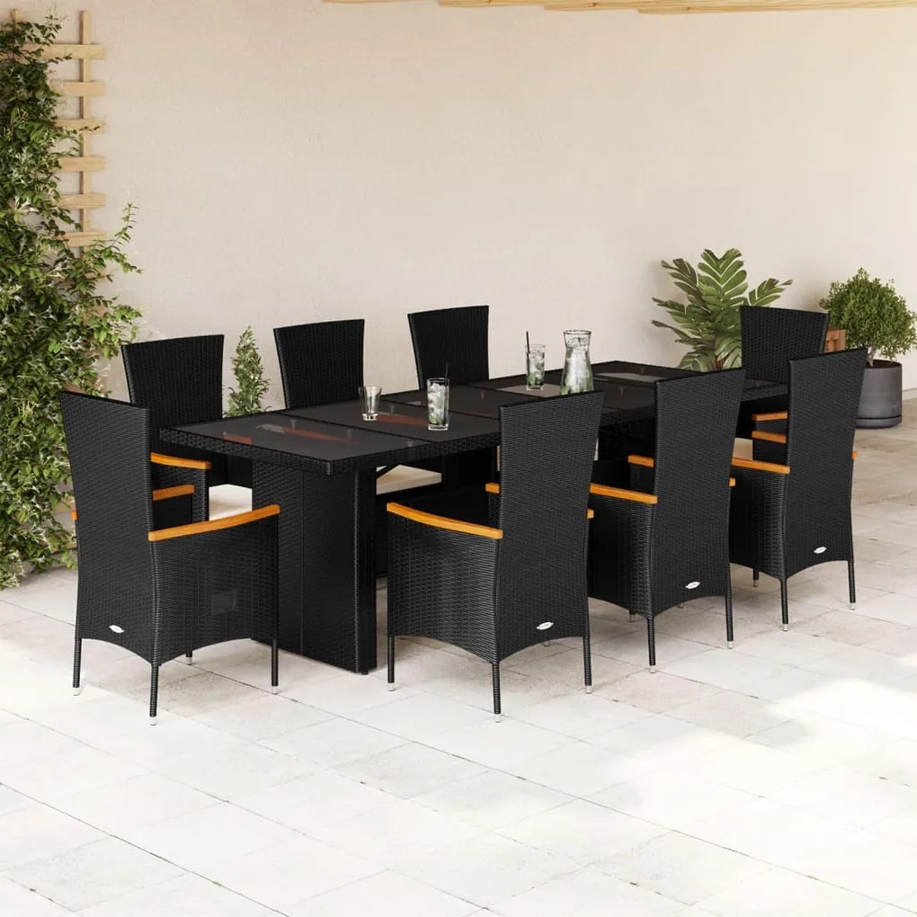 vidaXL 9 pcs conjunto de jantar p/ jardim c/ almofadões vime PE preto