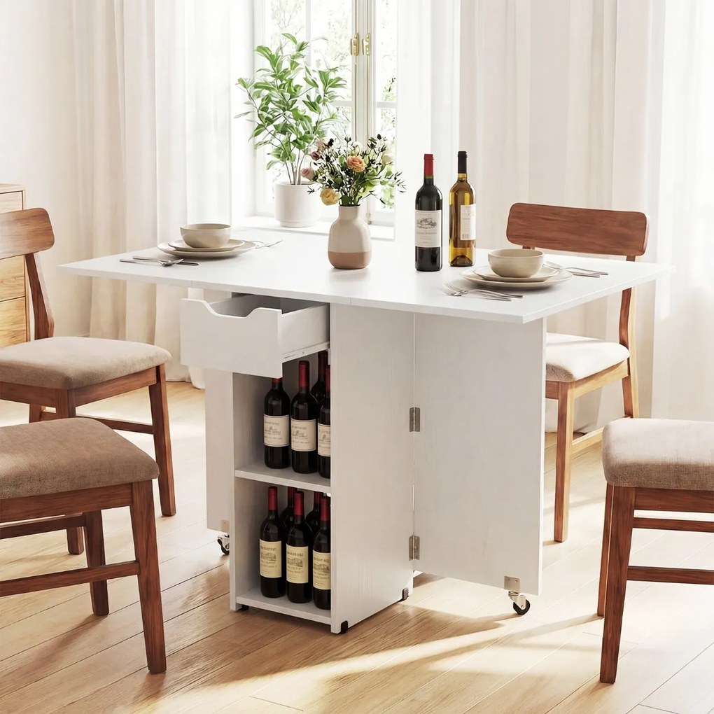 Mesa de jantar extensível 120 x 72 x 75 cm com 2 rodas; mesa de cozinha dobrável com prateleira, gaveta de 2 compartimentos e abas rebatíveis branca