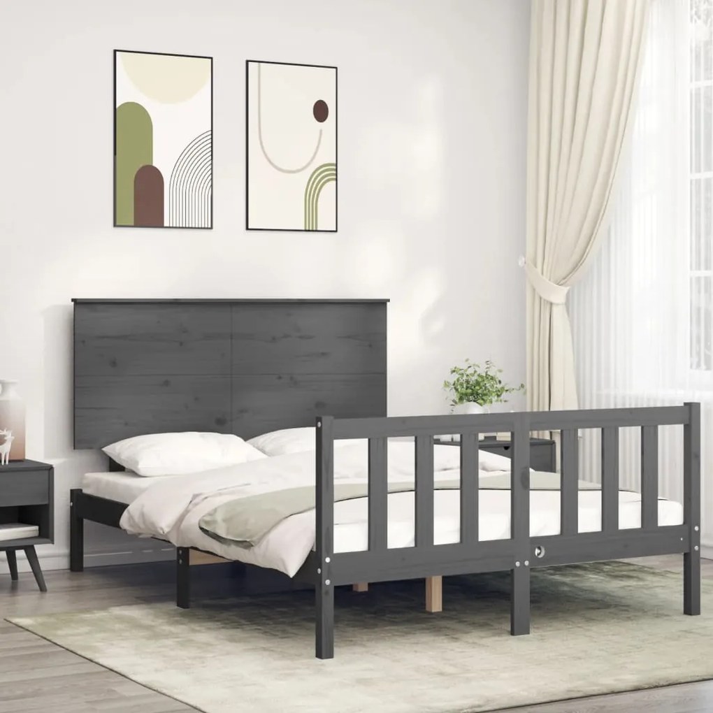 Estrutura de cama de casal c/ cabeceira madeira maciça cinzento