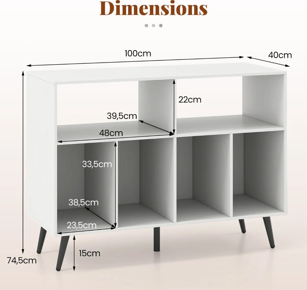 Suporte para gira-discos e discos vinil 100 x 40 x 74,5 cm com estação de carregamento com 5 pés metálicos, portas USB e Type-C Branco