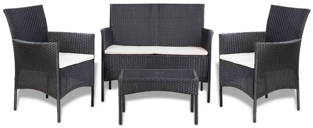 4 pcs conjunto lounge de jardim c/ almofadões vime PE preto