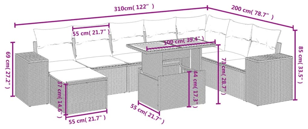 9 pcs conjunto sofás p/ jardim com almofadões vime PE cinzento