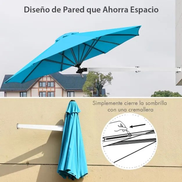 Guarda-sol montado na parede 250 cm x 184 cm com poste ajustável e inclinável resistente para jardim, varanda, pátio azul