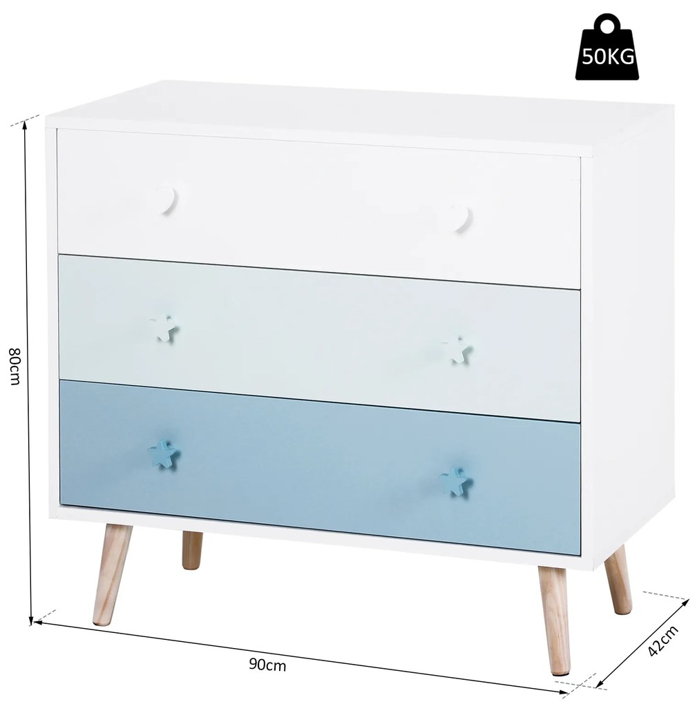 HOMCOM Cômoda Infantil com 3 Gavetas Ármario com Pernas de Madeira para Roupas ou Brinquedos de Pinho e MDF Cor Azul 90x42x80 cm