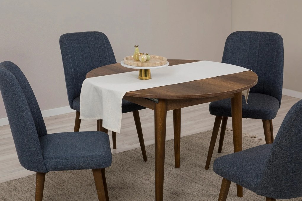 Conjunto de Mesa de Jantar Extensível Vina – Nogueira e Azul Marinho –