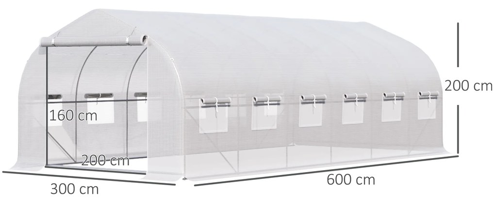 Outsunny Estufa Tipo Túnel 6x3x2m Estufa de Jardim com Porta e 12 Janelas Enroláveis de Polietileno e Aço Galvanizado para Cultivos de Plantas Flores Branco