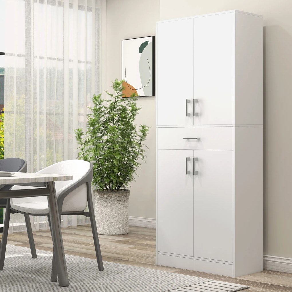 HOMCOM Armário de Cozinha Móvel de Cozinha com 4 Portas 1 Gaveta e Prateleiras Ajustáveis Anti-Tombo Armário de Cozinha Moderno para Sala de Jantar Sala de Estar 70,8x34x180 cm Branco
