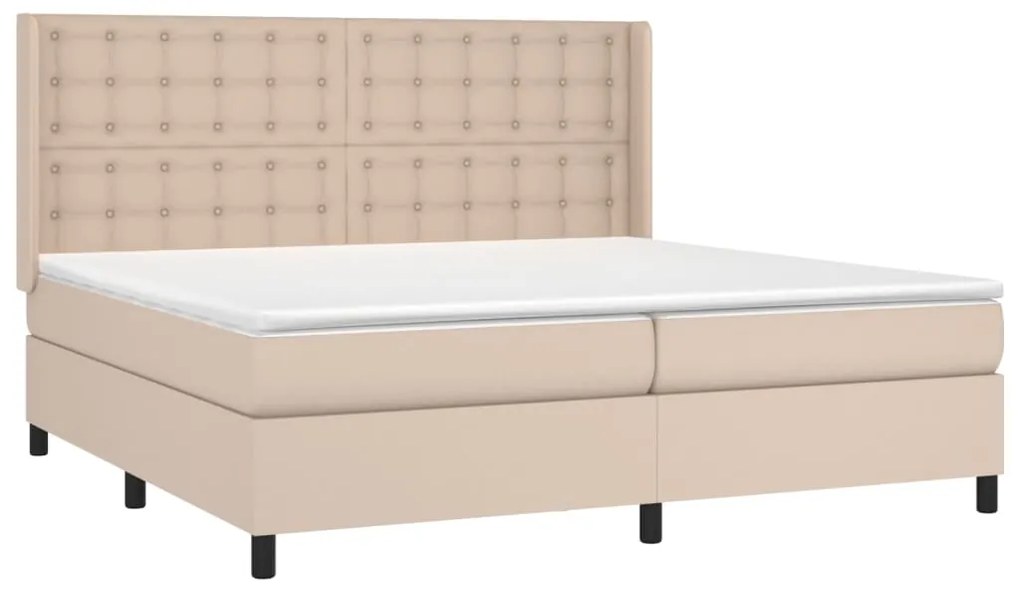 Cama box spring c/colchão/LED 200x200cm couro artif. cappuccino