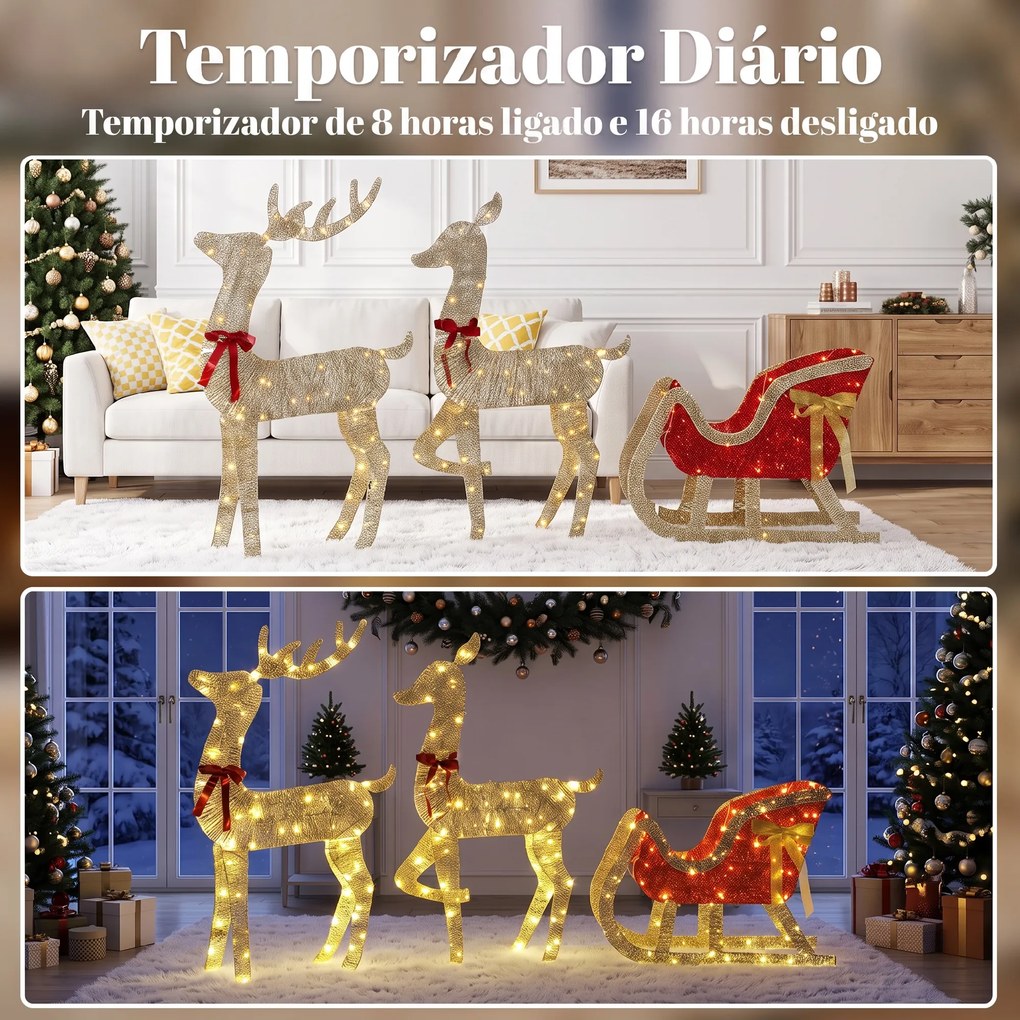 Conjunto de 3 Peças com Renas de Natal Iluminadas, 200 LED Branco Quente, 8 Modos e Temporizador Diário