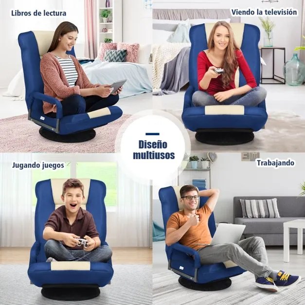 Cadeira Gaming de chão ajustável em 6 posições com base giratória de 360° para leitura e relaxamento 61-87 x 55 x 75 cm Azul