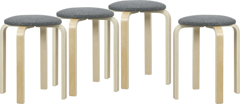 Conjunto de 4 Bancos Empilháveis Redondos (MESA NÃO INCLUIDA) Bancos Baixos de Cozinha com Assento Acolchoado Ø40x45 cm Cinzento e Madeira