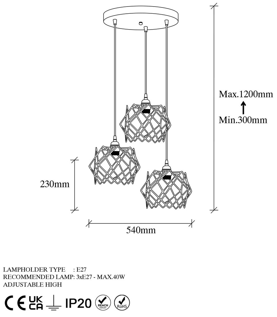 Chandelier Karakas – Preto – Diâmetro 54 cm, Altura 30-120 cm