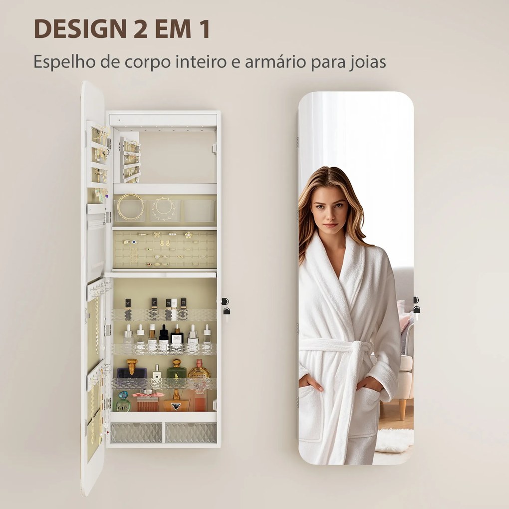 Espelho para Joias com Luz LED Montado na Parede ou na Porta com Fechadura Espelho de Corpo Inteiro 2 Gavetas Branco