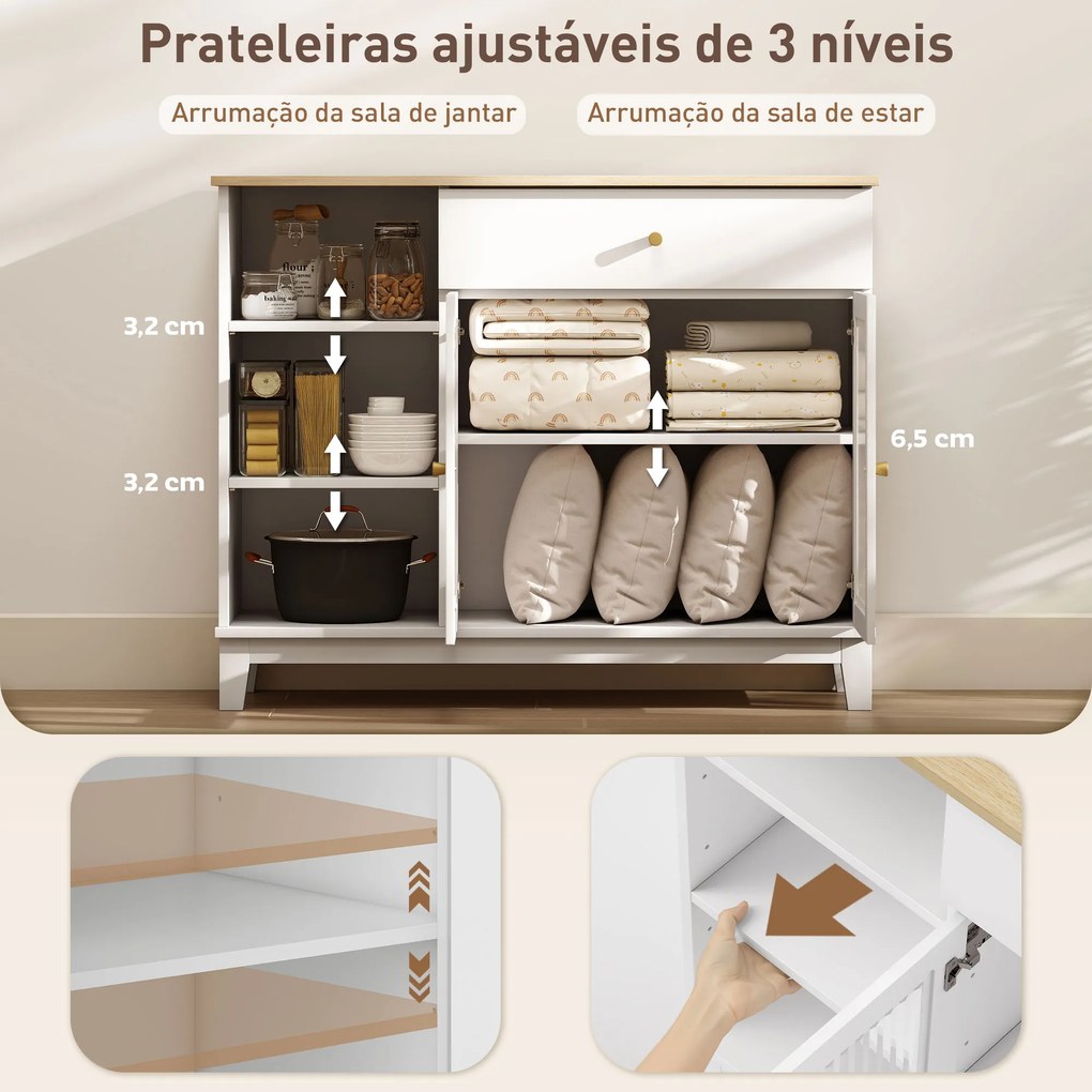Aparador 2 Portas de Vidro Aparador para Sala Moderno com Gaveta Compartimentos Abertos 100x35x80,3 cm Branco