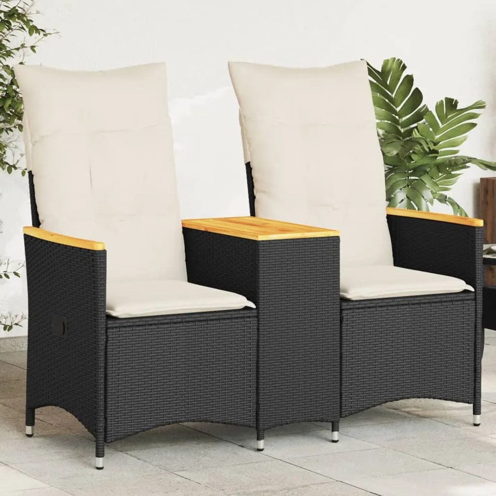 vidaXL Sofá de jardim reclinável 2 lugares com mesa vime PE preto