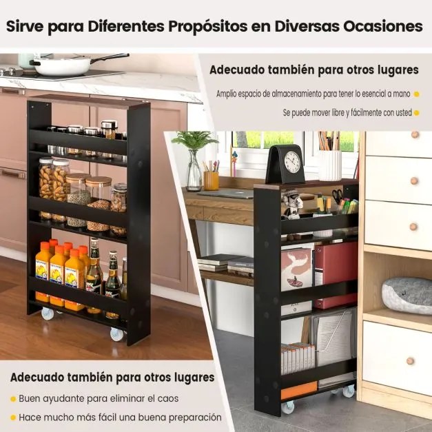 Carrinho de cozinha de arrumação estreito com 4 Estantes Rodas Organizador Móvel Economizador de Espaço para a Casa de Banho 48 x 13 x 81 cm Preto e C