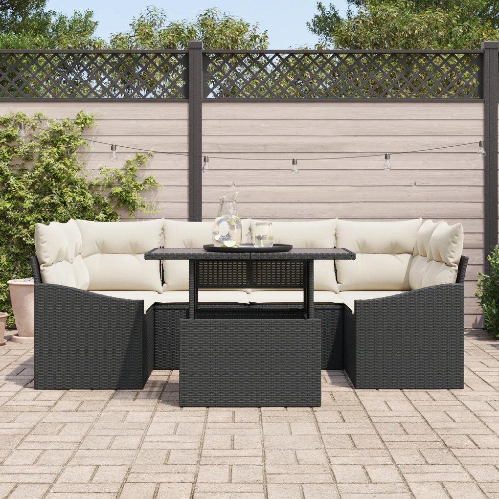 Conjunto de Sofá de Jardim de 7 Peças com Almofadas em Rattan Preto