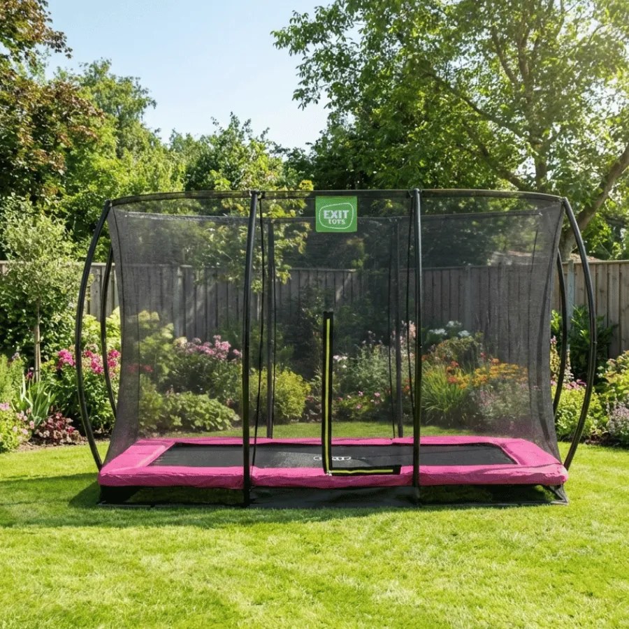 Trampolim retangular de solo Silhouette 244 x 366 cm com rede de segurança - rosa