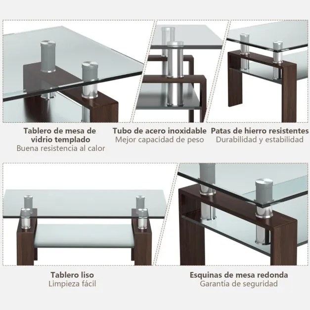 Mesa de centro retangular 99,5 x 59,5 x 44,5 cm com tampo de vidro, pernas metálicas e prateleira Castanho