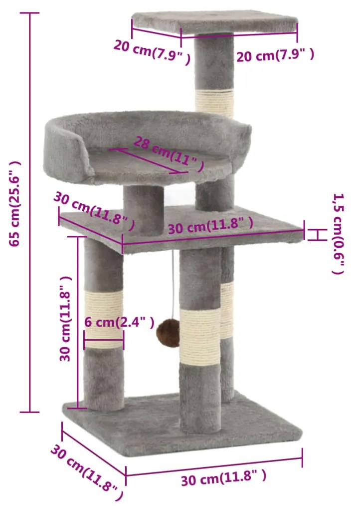 Árvore com postes arranhadores sisal 65 cm cinzento