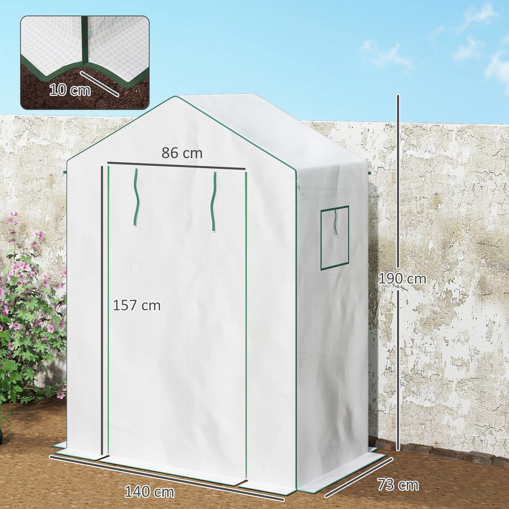 Estufa de jardim 140 x 73 x 190 cm com 1 porta, 2 janelas e 2 prateleiras em forma de U para legumes, plantas e flores; cobertura em PE