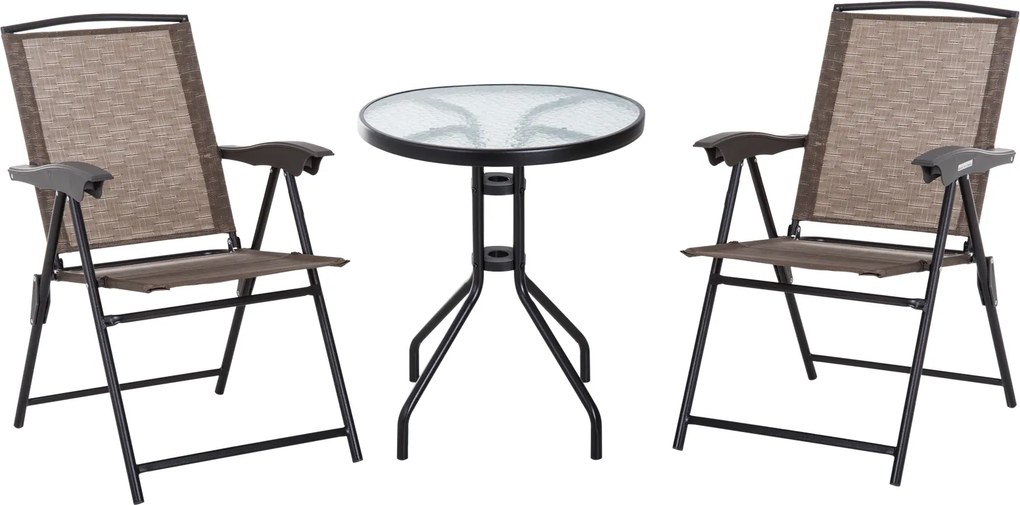 Conjunto de jardim de 3 peças: 2 cadeiras reclináveis com várias posições e dobráveis + mesa redonda em vidro temperado Castanho