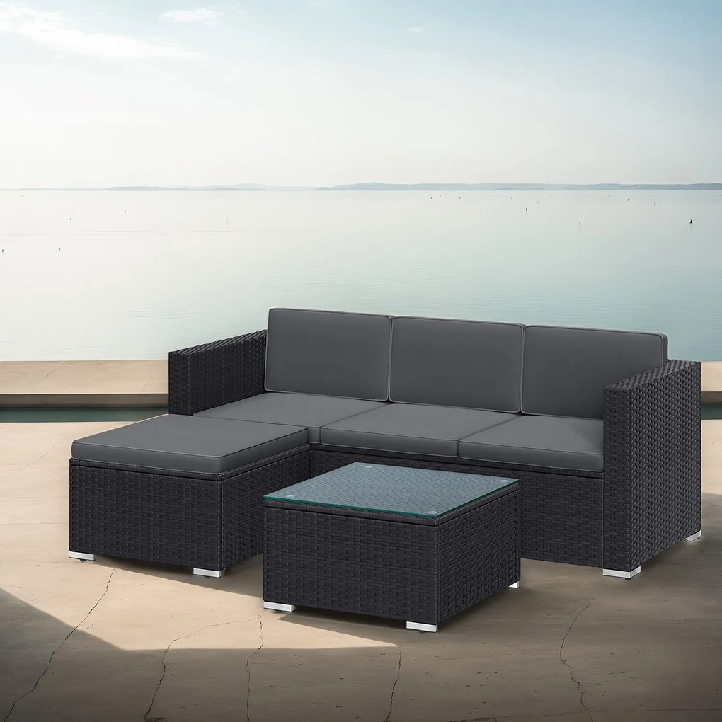 Conjunto de móveis de jardim, mobiliário de pátio em Polyrattan, mobiliário de varanda com almofadas e mesa de vidro Preto-cinzento