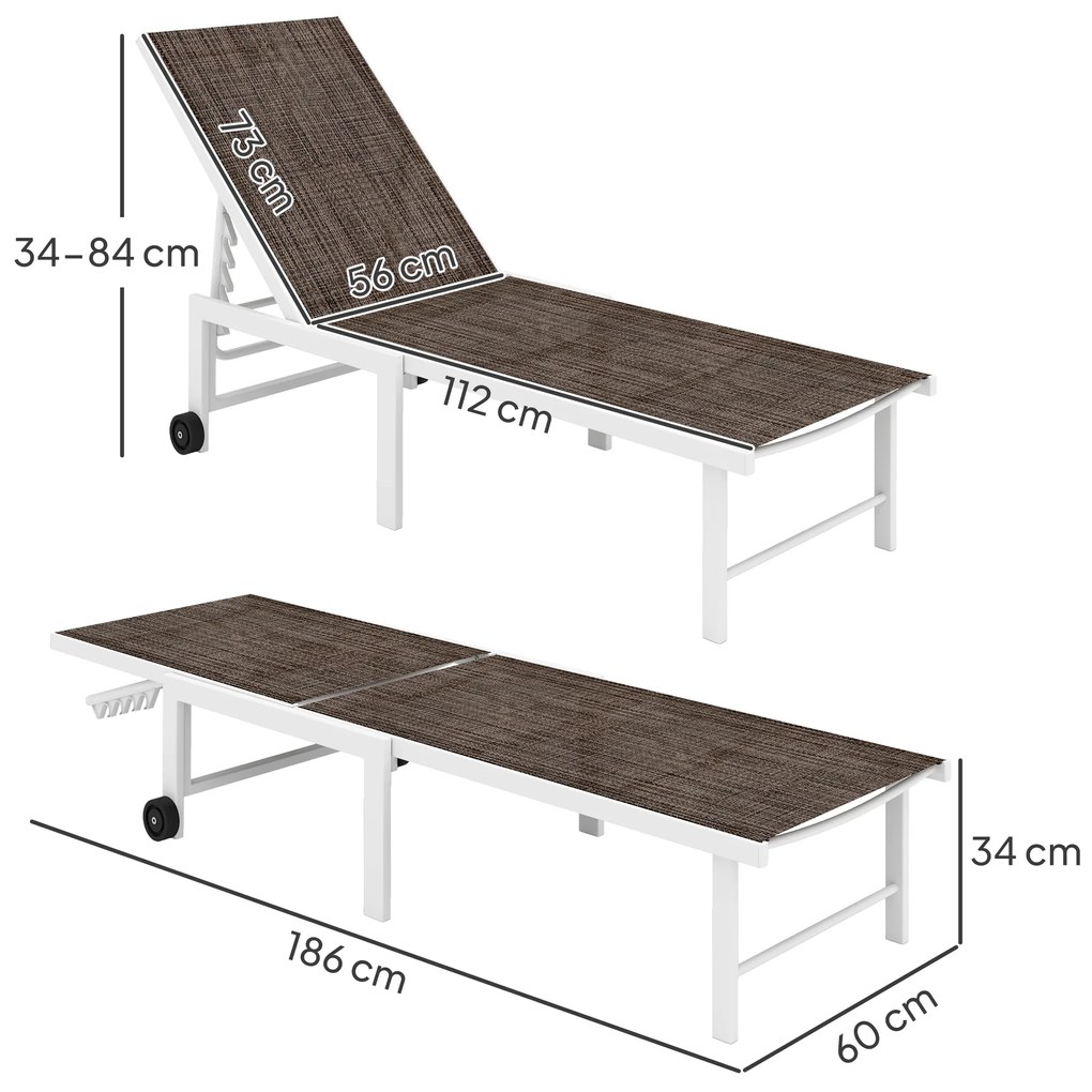 Espreguiçadeira Reclinável Espreguiçadeira Jardim com Rodas Encosto Ajustável em 5 Níveis 166x60x84 cm Castanho