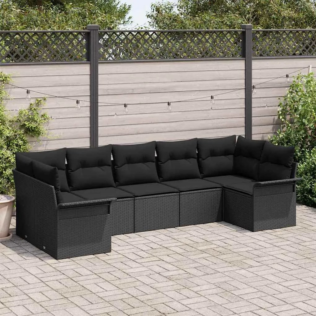 vidaXL Conjunto de Sofá de Jardim 7 Peças com Almofadas Rattan Poliéster Preto