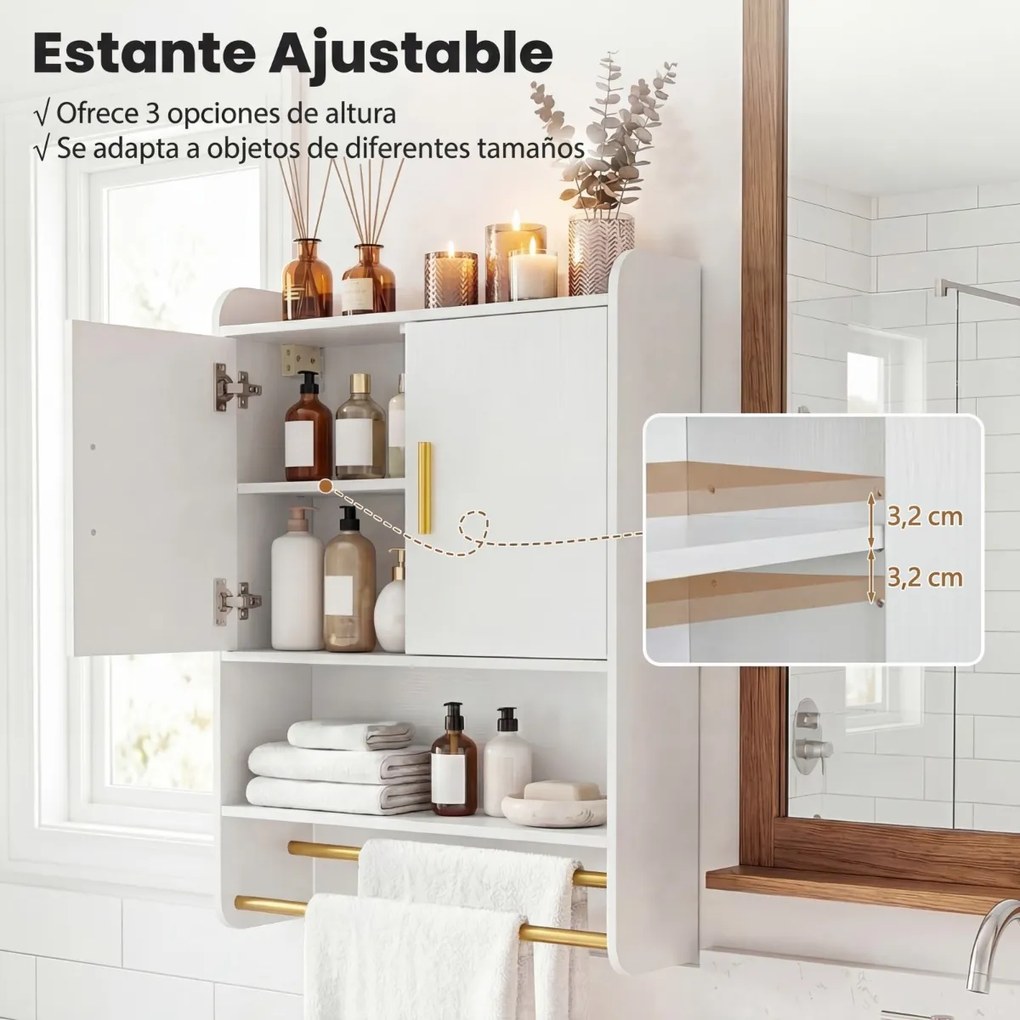 Armário para casa de banho parede, 55 x 20 x 80 cm, com portas, prateleira ajustável e barra para pendurar Branco