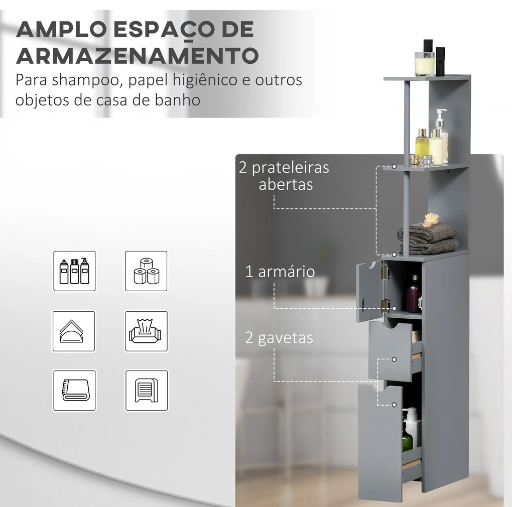 Coluna Casa de Banho Armário Compacto Casa de Banho Móvel Auxiliar com 2 Prateleiras 2 Gavetas 15x33x136,5 cm Cinza
