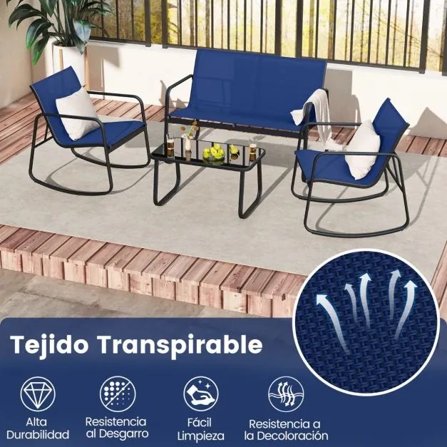 Móveis de jardim exterior 4 peças 2 cadeiras de baloiço e sofá de 2 lugares com mesa com tampo de vidro azul marinho