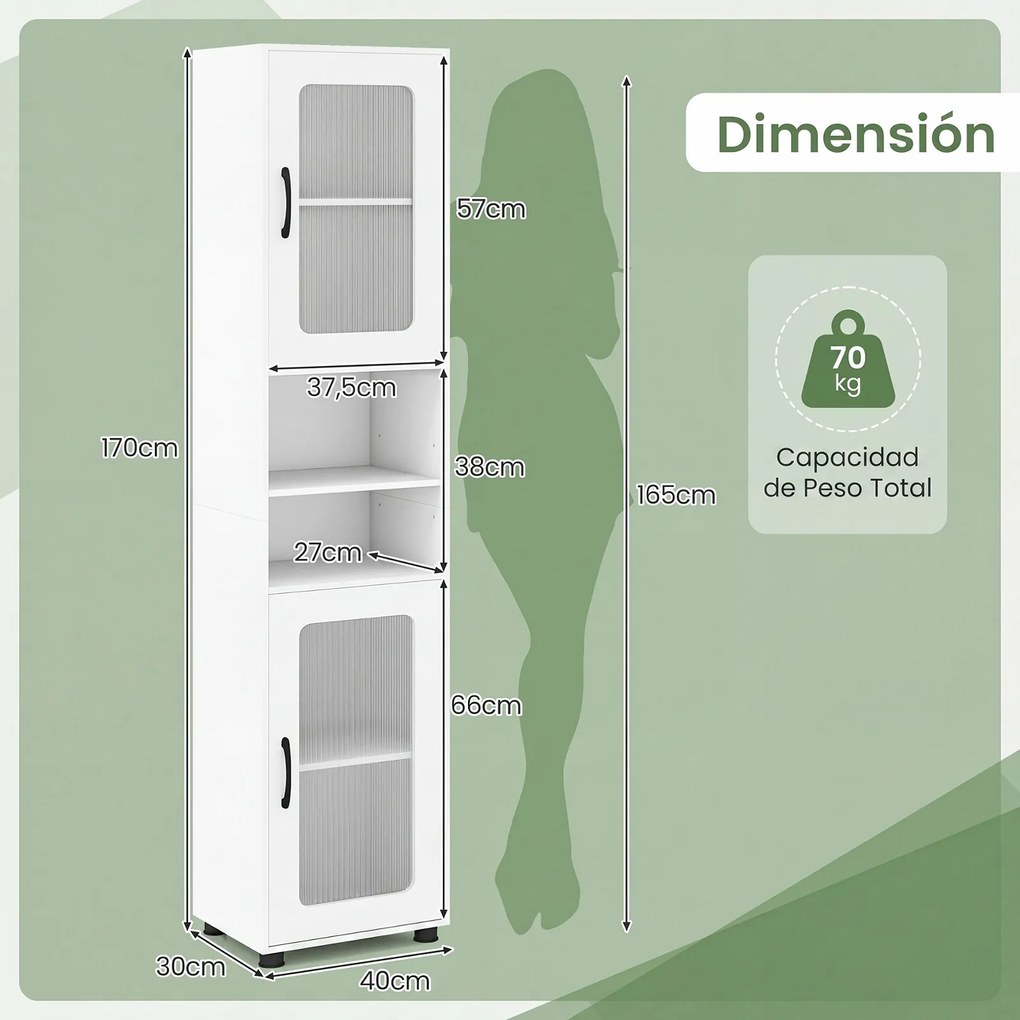 Armário alto e estreito de casa de banho 40 x 30 x 170 cm com 2 portas semitransparentes, 2 compartimentos e prateleira ajustável para cozinha e sala,