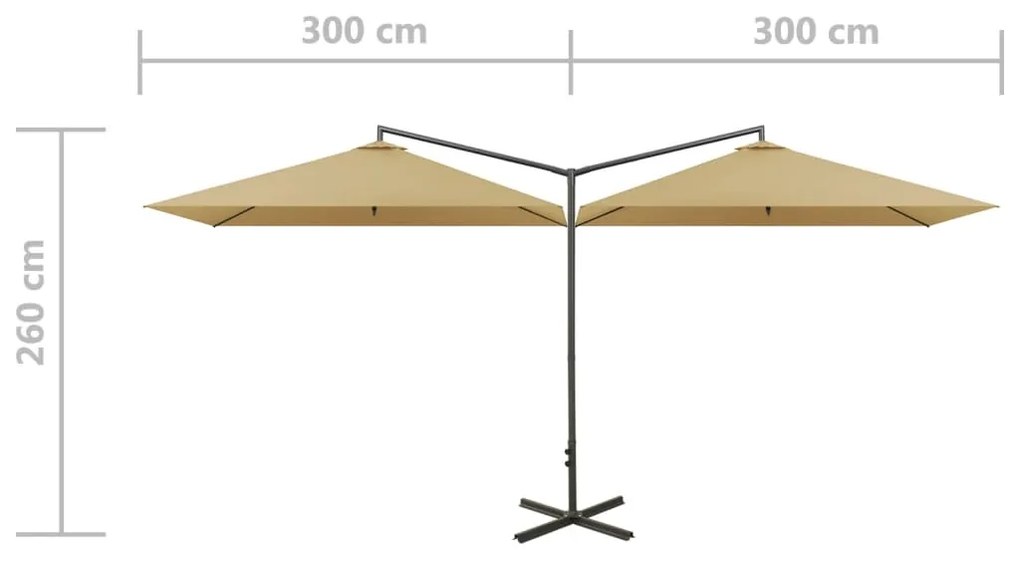 Guarda-sol duplo com mastro de aço 600x300 cm cinza-acastanhado