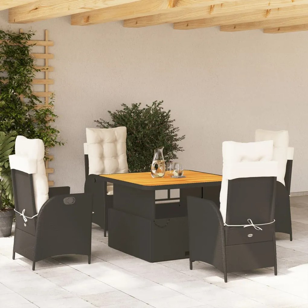 vidaXL 5 pcs conjunto de jantar p/ jardim c/ almofadões vime PE preto