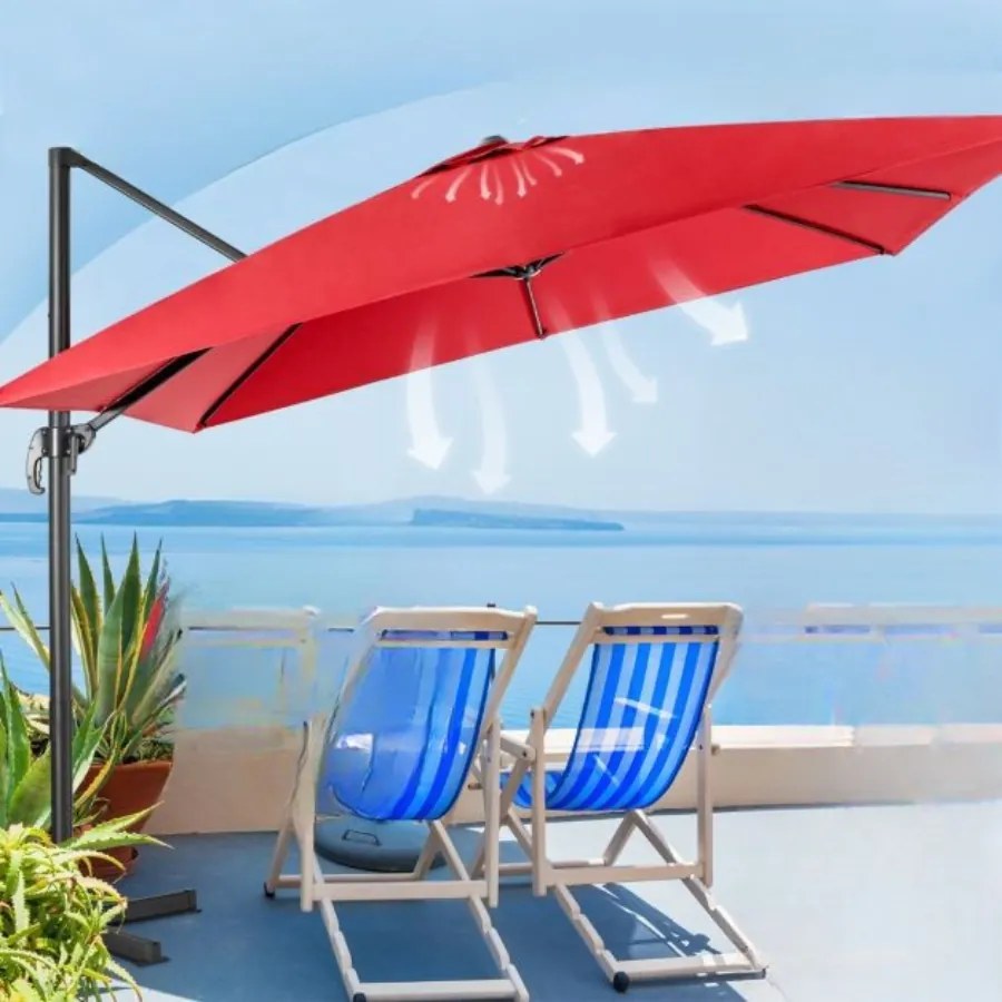 Guarda-sol 300 cm para jardim com manivela, 3 inclinações, rotação de 360°, 8 varas, base cruzada Vermelho