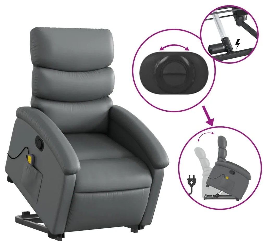 Poltrona massagens reclinável elevatória couro artif. cinzento