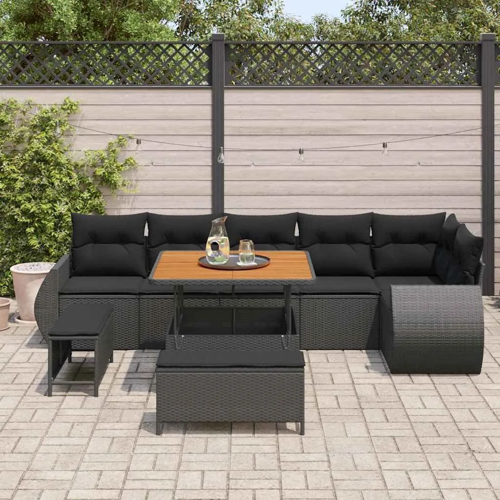 Conjunto de Sofá de Jardim de 9 Peças com Almofadas em Rattan Preto e