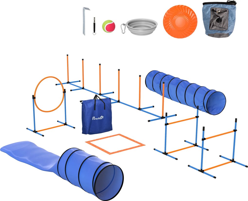 PawHut Conjunto Agility para Cães 11 peças Equipamento Agility para cães com 2 túneis Altura ajustável Aro de salto &amp; Barreiras Varetas de slalom | Aosom Portugal