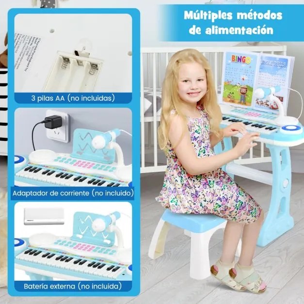 Teclado de piano eletrónico para crianças com 37 teclas e pernas amovíveis Bancada de música Microfone 8 ritmos Azul