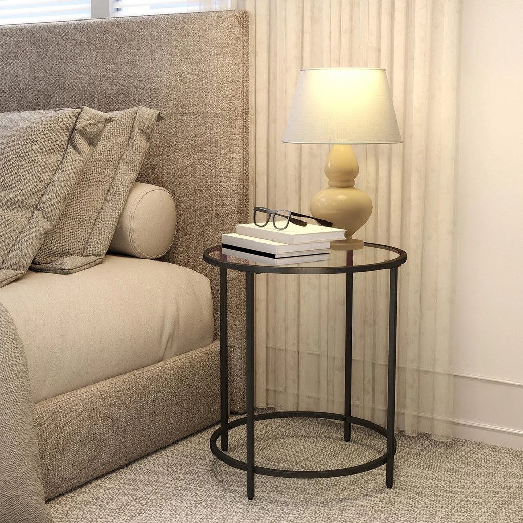 Mesa lateral redonda pequena, vidro temperado e estrutura metálica 50 x 55 cm (Ø x A) preta