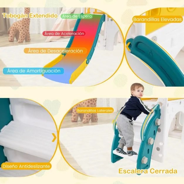 Escorrega infantil 9 em 1 com cesto de basquetebol, telescópio, ponte suspensa e túnel para 1+ anos 176 x 138 x 80 cm amarelo