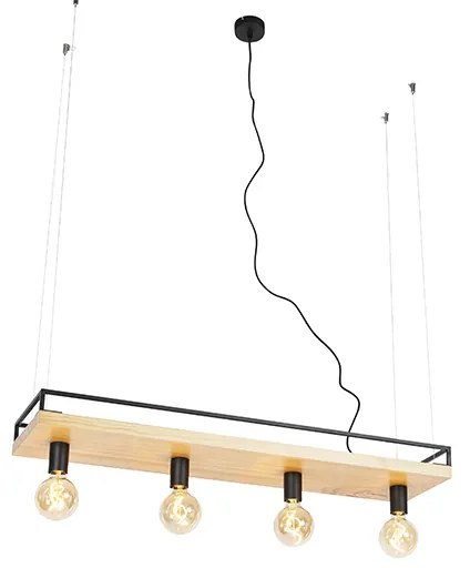 Candeeiro suspenso industrial preto madeira 4-luzes - SHELF Industrial